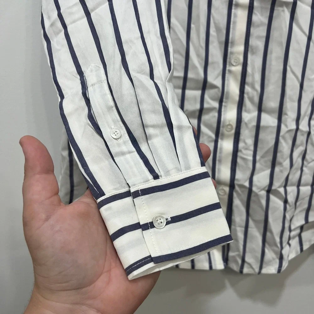 J Mclaughlin Madeline Stripe Shirt XS NWT $198 Silk Rayon Stripe White Blue - Picture 2 of 7